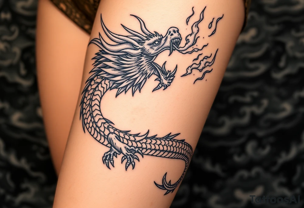 fierce dragon breathing iridescent fire against stormy skies tattoo idea
