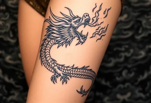 fierce dragon breathing iridescent fire against stormy skies tattoo idea