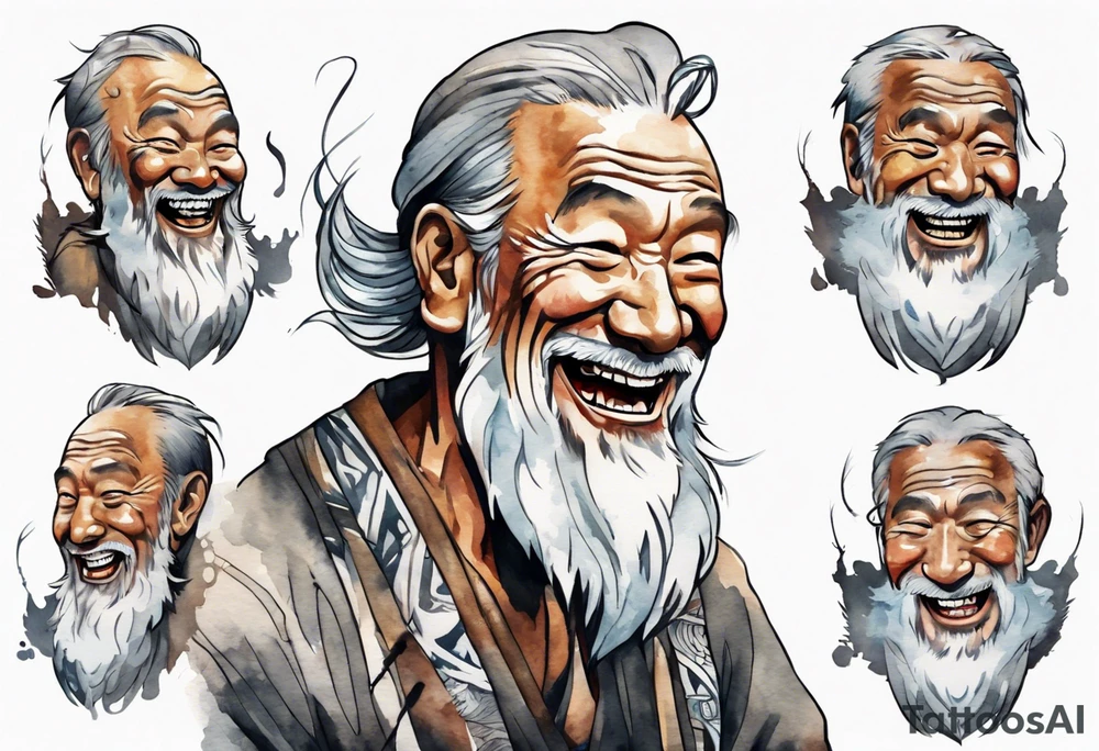 a solitary Cree man with a grey beard laughing tattoo idea