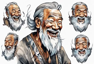 a solitary Cree man with a grey beard laughing tattoo idea