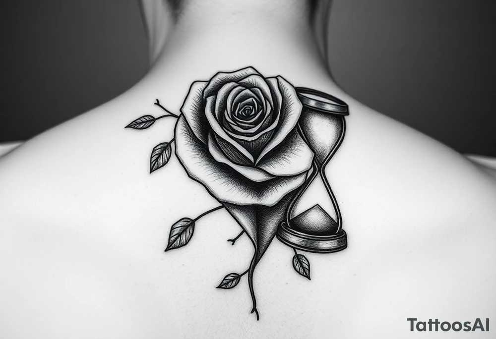 Arose in the shape of a heart with pieces of the Rose blowing away in the wind and the other half an hourglass with the sand out of time black and white feminine realistic for the top of my shoulder 
Shoulder tattoo idea