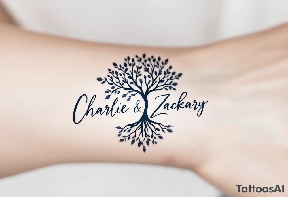 Create a delicate tattoo design that seamlessly integrates the names "Charlie" and "Zackary" in graceful, flowing cursive. Enclose the names within a softly stylized symbol that embodies strength and unity, such as a gentle tree of life, an elegant mandala, or a subtle shield motif. The overall design should evoke warmth and protection while remaining refined and understated—ideal for a small, discreet placement like the wrist or inner forearm. tattoo idea