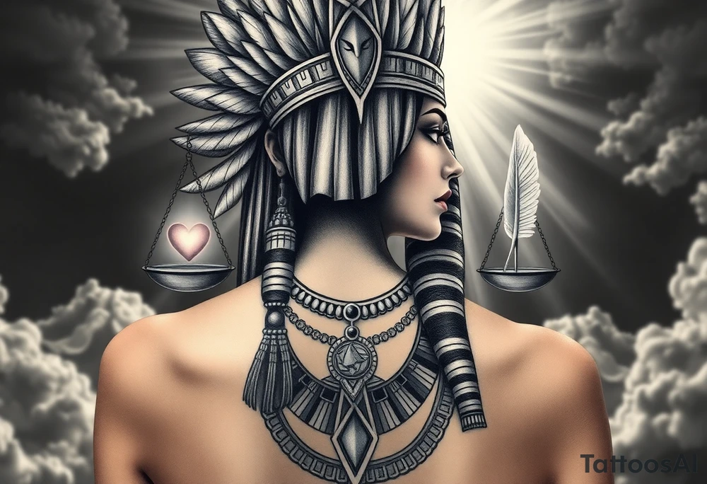 Beautiful Egyptian goddess woman’s face and elegant body, depicted as a regal woman with an ostrich feather headdress, and intricate ancient Egyptian jewelry, the Anhk necklace. Background includes something similar to heaven, as one is walking into it. Incorporate the Scales of Justice—one side holding a heart, the other Ma’at’s feather—glowing with ethereal energy. Emphasize dramatic lighting, deep shadows, and surreal, mystical atmosphere tattoo idea