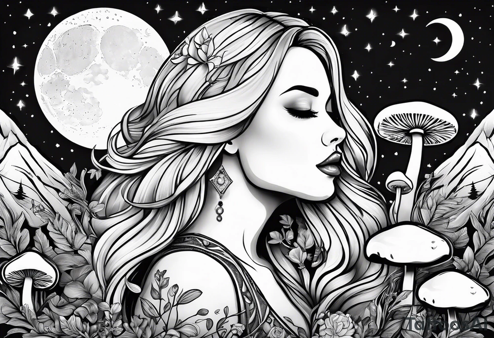 Chubby middle aged blonde woman long hair thin lips surrounded by mushrooms crescent moon mountains background "GRACEFUL" tattoo idea