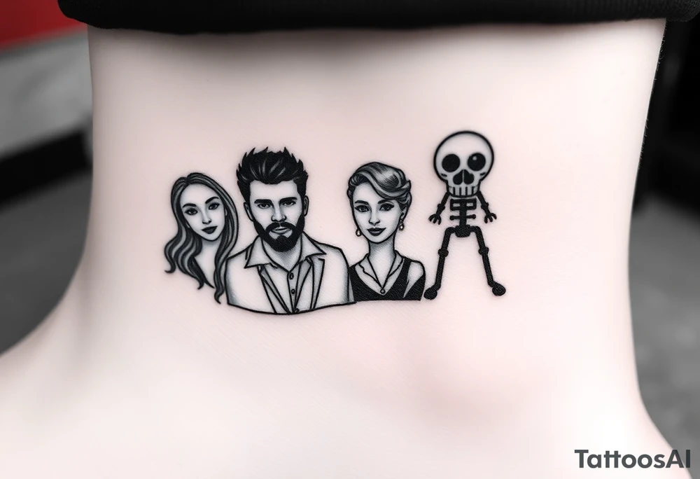 Is there a very simple small tattoo design  for a group of 4 friends from 4  different places Burgos , madrid , brasil , granada  that get reunited every 2 years and are always having banter and conversation about sex,feminism, conspiracy theories about covid , trump, reptilians. They met working at a restaurant in London. Their names are carmen , Mario, Andrea and Duanny tattoo idea