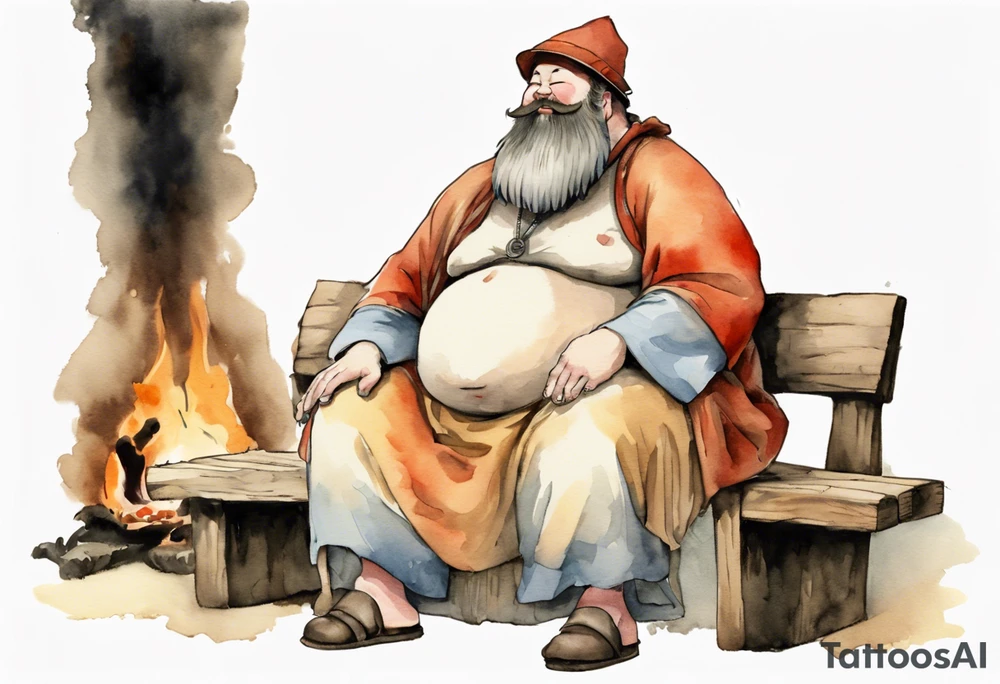 fat man with a long beard but no eyes or nose wearing a mushroom hat and medieval tunic sitting on a bench by a fireplace drinking from a wood cup, laughing tattoo idea