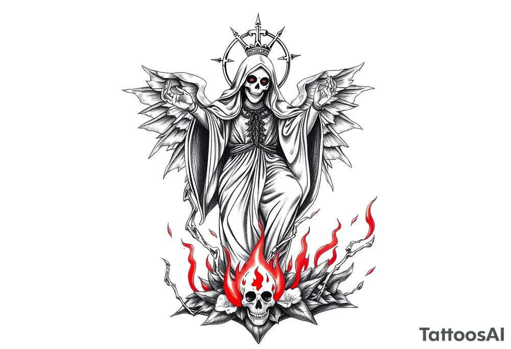 Magnificent Santa muerte rising out of the ashes of hell to claim a soul tattoo idea