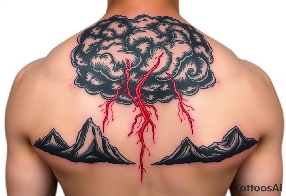 Dark, black menacing storm clouds with creepy red bolts of lightning coming down tattoo idea
