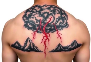 Dark, black menacing storm clouds with creepy red bolts of lightning coming down tattoo idea