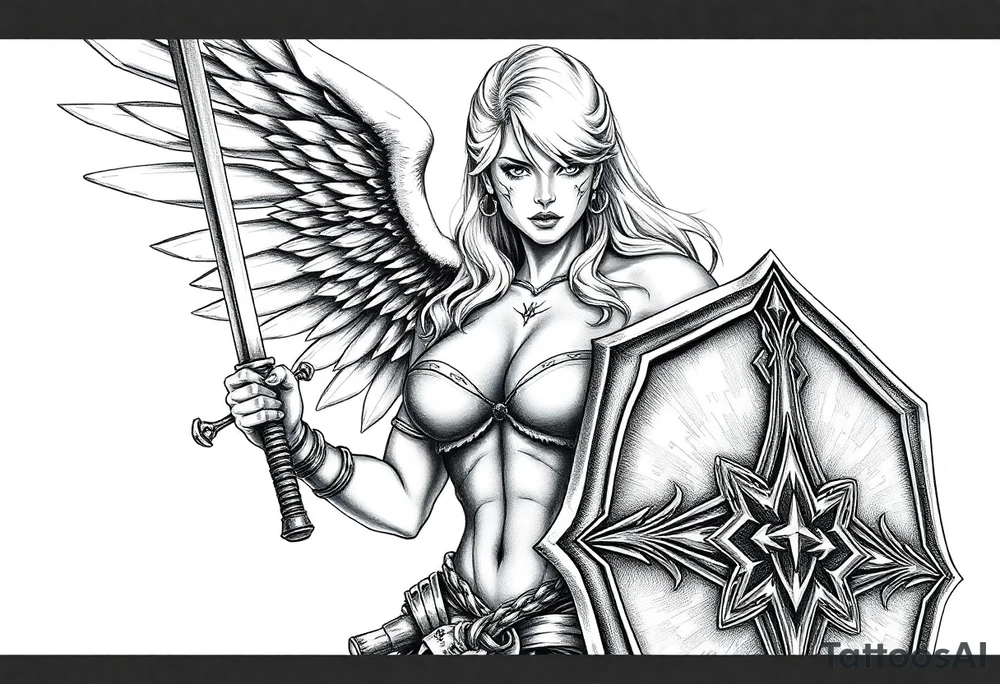 blonde valkyrie with sword and shield -- location calf -- image should show entire body of the valkyrie -- she should have large breasts and beautiful yet tough -- hyper realistic tattoo idea