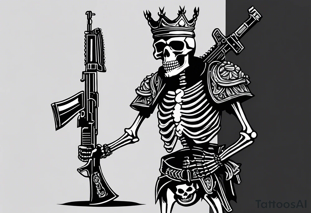 image of a skeleton standing frontally with a crown on his head, holding an AK-47 on his shoulder with his right hand. The chain on the left should be taut, there are three angry barking Dobermans in it, near the waist tattoo idea