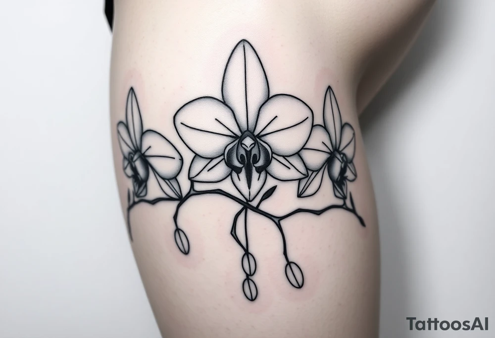 Draw of three fine line orchids different size realistic, the central part resembles a vagina. Are connected with branches that appears a mix with drops and seeds tattoo idea