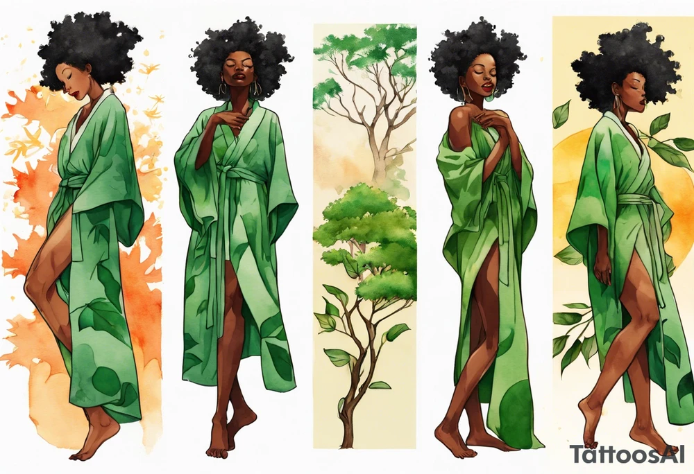 a beautiful black woman with legs that turn into tree roots, wearing a green robe, arms reaching up towards the sun blazing in the sky, leaves in her hair tattoo idea