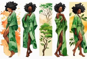 a beautiful black woman with legs that turn into tree roots, wearing a green robe, arms reaching up towards the sun blazing in the sky, leaves in her hair tattoo idea