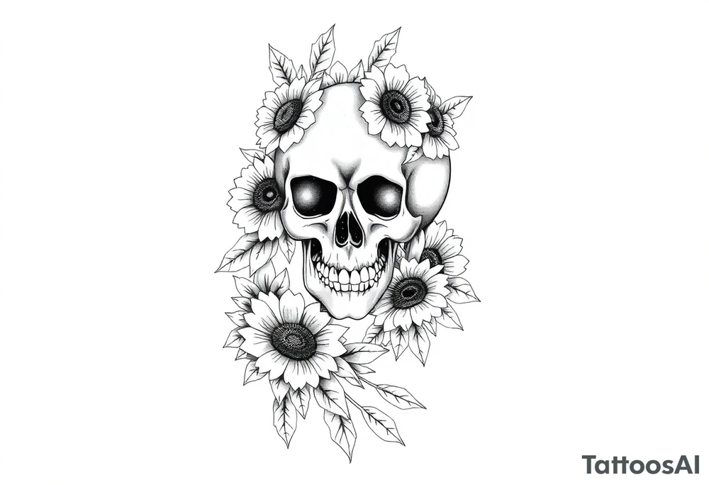 ornate skull adorned with wild roses and sunflowers tattoo idea