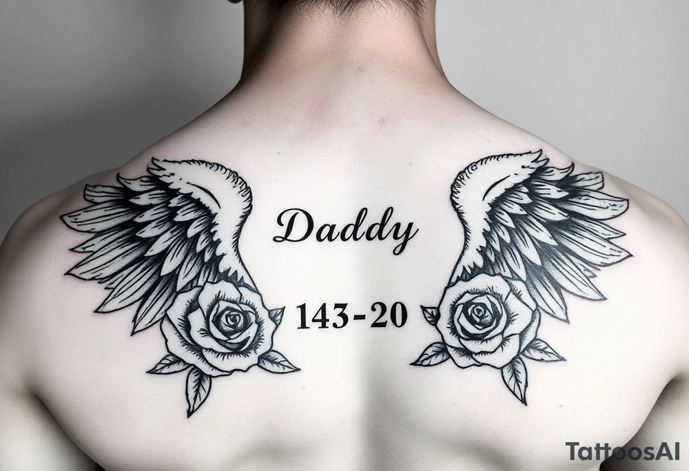In memory of daddy angel wings and roses with dates tattoo idea