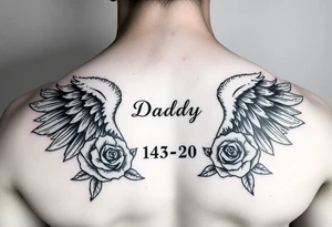 In memory of daddy angel wings and roses with dates tattoo idea