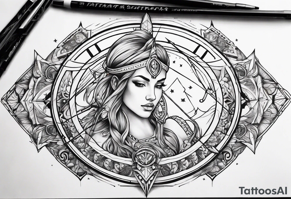 sagittarius sign with designs surrounding it tattoo idea