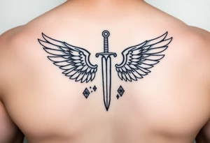 Wings surrounding sword and diamond shaped stars tattoo idea
