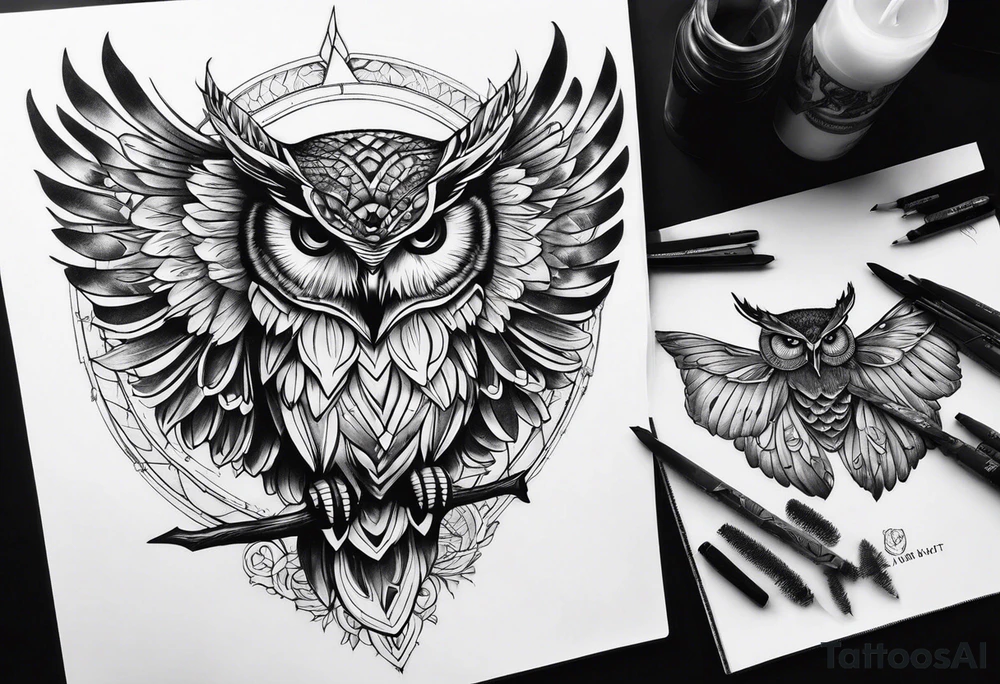 An owl with Dead head moth wings tattoo idea
