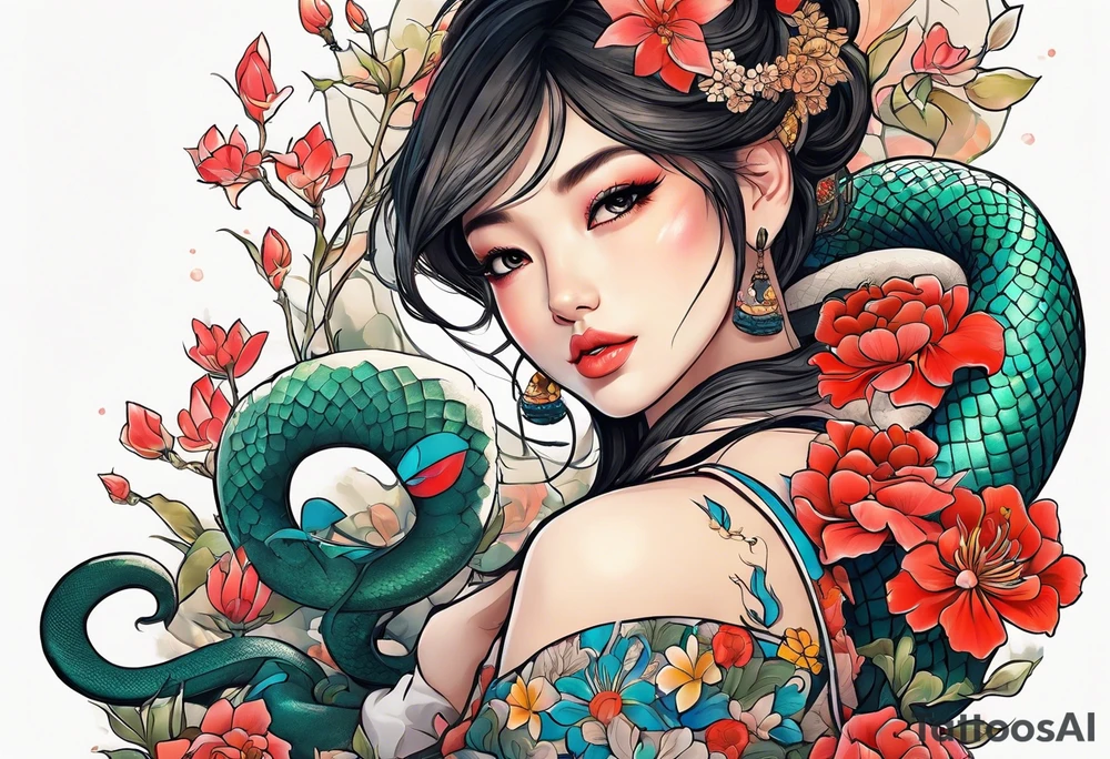 a profile of a girl sitting sideway, sitting on a asian snake surrounded by flowers tattoo idea