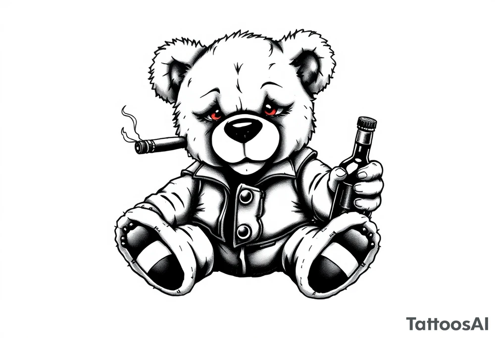 "A black and white realistic tattoo design of a rebellious teddy bear. The bear looks worn out, with visible stitches, a torn ear, and a button eye. It sits in a relaxed pose, holding a smoking cigar in one paw and a whiskey bottle in the other. Some stuffing is peeking through its seams. The bear has a smug expression, and its eyes glow red as a minimal color accent. The style is detailed, dark, and edgy, perfect for a tattoo. tattoo idea