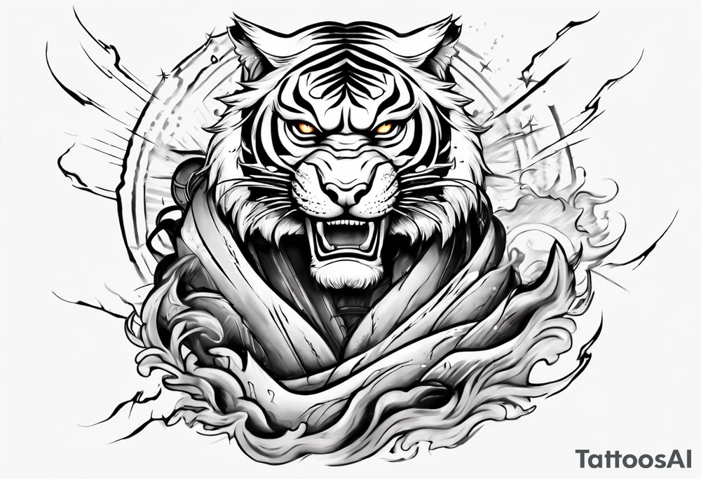 tiger warrior with lightning and the sun for a forearm sleeve tattoo idea