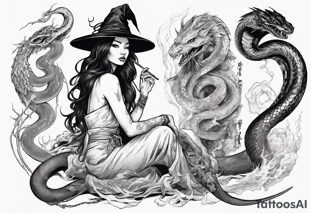 Beautiful magical Woman as a witch, surroundet by a snake and a japanese Dragon. tattoo idea