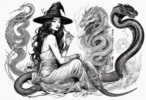 Beautiful magical Woman as a witch, surroundet by a snake and a japanese Dragon. tattoo idea