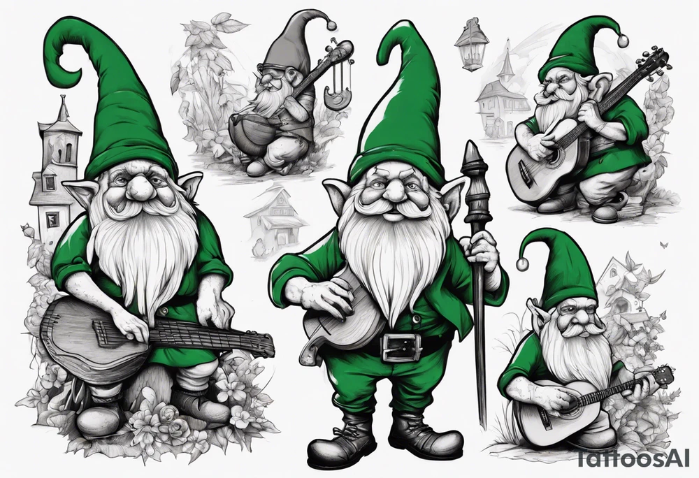 a 4 foot moss green deep gnome with muttonchops with a lute serenating a crowd in a small town square tattoo idea