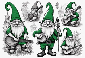 a 4 foot moss green deep gnome with muttonchops with a lute serenating a crowd in a small town square tattoo idea