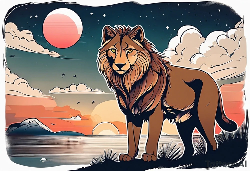 An minimalistic lioness, a minimalistic wolf and a minimalistic owl in front of a incredible sky. tattoo idea