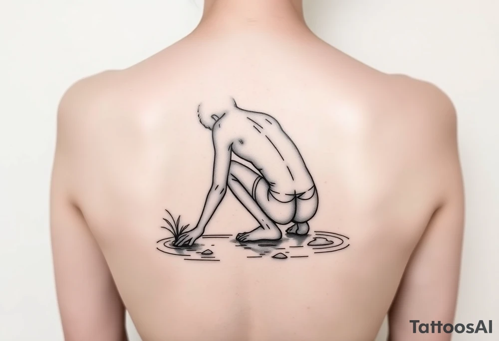 minimalist back view of curly headed son squatted down putting his fingers in the water/pond tattoo idea