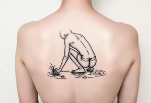minimalist back view of curly headed son squatted down putting his fingers in the water/pond tattoo idea