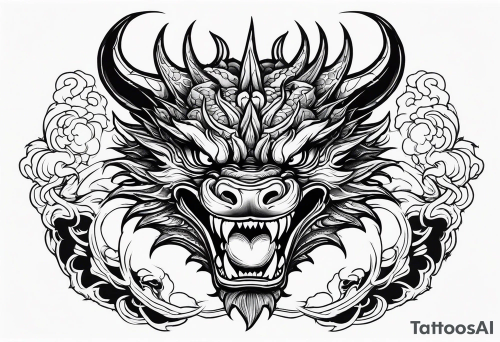 Dragon head facing front, tattoo should look old school Japanese way, dragon mouth should not be open. tattoo idea