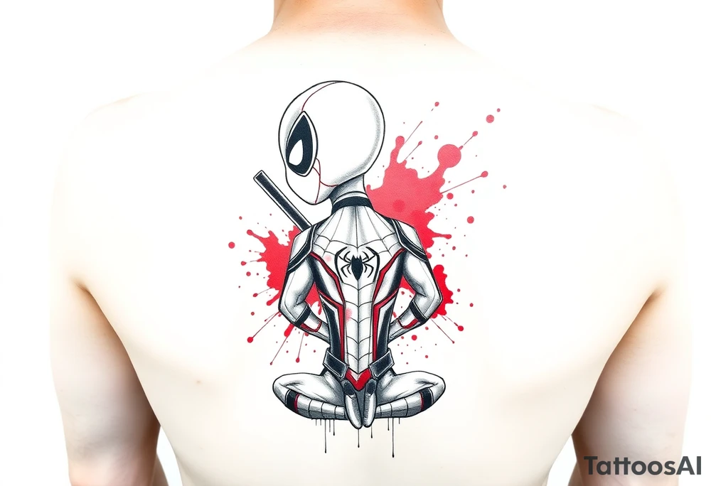 A vertical stacked tattoo design for a half-sleeve on a white background. At the top is a chibi Deadpool character in a bold ink sketch style. At the bottom is a chibi Spider-Man character sitting cross-legged in a loose pencil sketchbook style. High contrast black and grey shading. The two characters are connected by loose, energetic sketch lines and a thin spiderweb thread hanging between them. Dramatic, stylized splashes of bright, vibrant watercolor red ink splatter bursting out around both characters' suits, bleeding into the negative space. Tattoo flash sheet style, crisp linework. tattoo idea