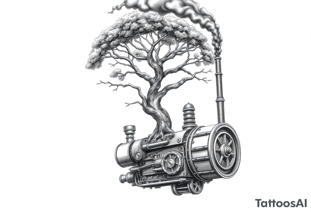 tree growing out of a v shaped engine with lots of pipes, guages and steam around the engine 
 with a smoke stack coming out of the top 
 billowing black smoke as if the tree and engine were a flying machine flying through the air 
 with an extreme steam punk vibe alot more steam punk 
it should look somewhat like a hot air baloon where the tree is the balloon and the machine is the basket but they are together as one unit, and the sky should have clouds in the back ground as if it were chugging along flying through the sky and needs to look extremely steam punk
the smoke stack should be coming out of the tree and the smoke should be trailing behind the machine 
the tree is the actual smoke stack for the machine 
the smoke stack should be a branch pointing up and out with smoke billowing out of it tattoo idea