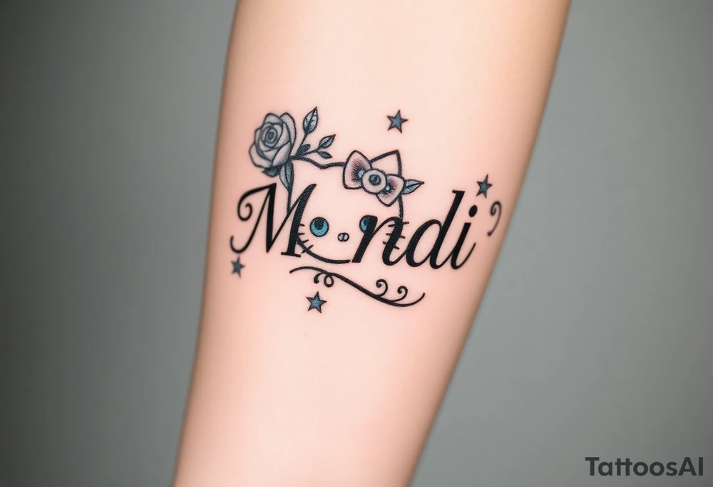 Name Mandi with blue eyes roses and stars hello kitty tattoo idea