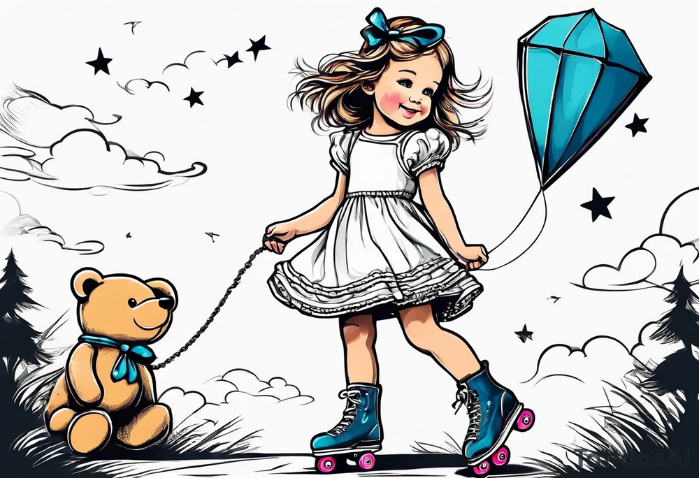 a little girl in a dress standing with a teddy bear in roller skates, flying a kite tattoo idea