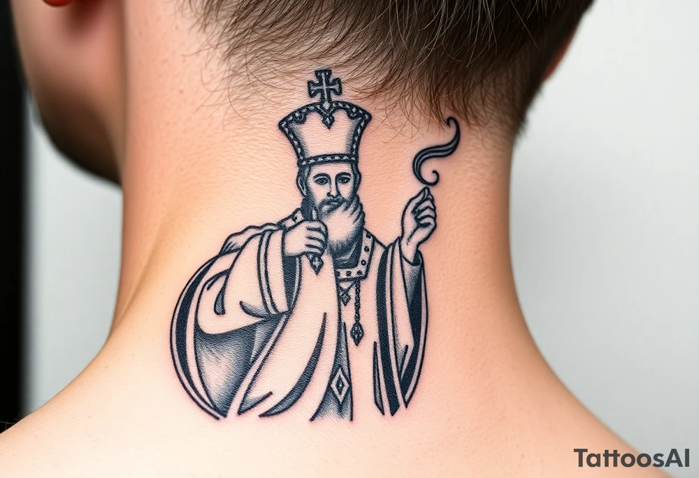 Russian Orthodox Priest in a fully detailed gold vestment swinging a censer with smoke curling upward tattoo idea