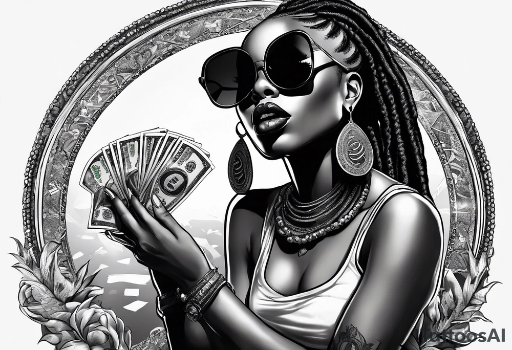 african woamn with dread locks and un glasses biting money playing poker tattoo idea