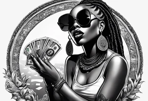 african woamn with dread locks and un glasses biting money playing poker tattoo idea