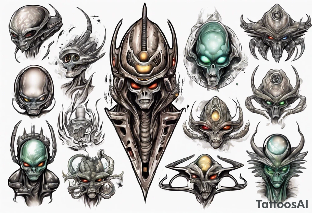 Alien king going to war with space ships and other aliens tattoo idea