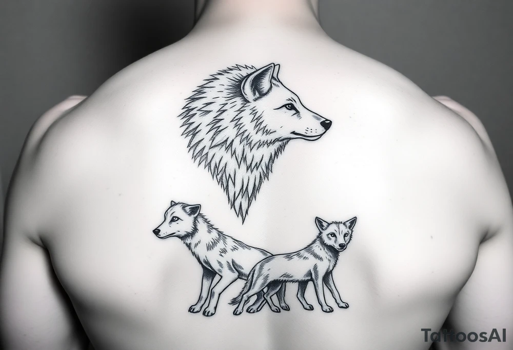 A solitary yet sublime and noble wolf and its progeny. tattoo idea