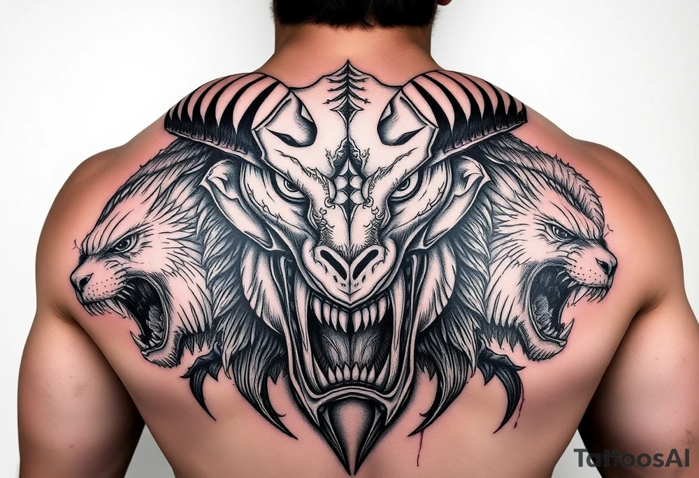 powerful majestic giant with a alien eyes and teeth like a sabertooth with horns like surrounded by vicious animals but not from earth and maybe needs some blood tattoo idea