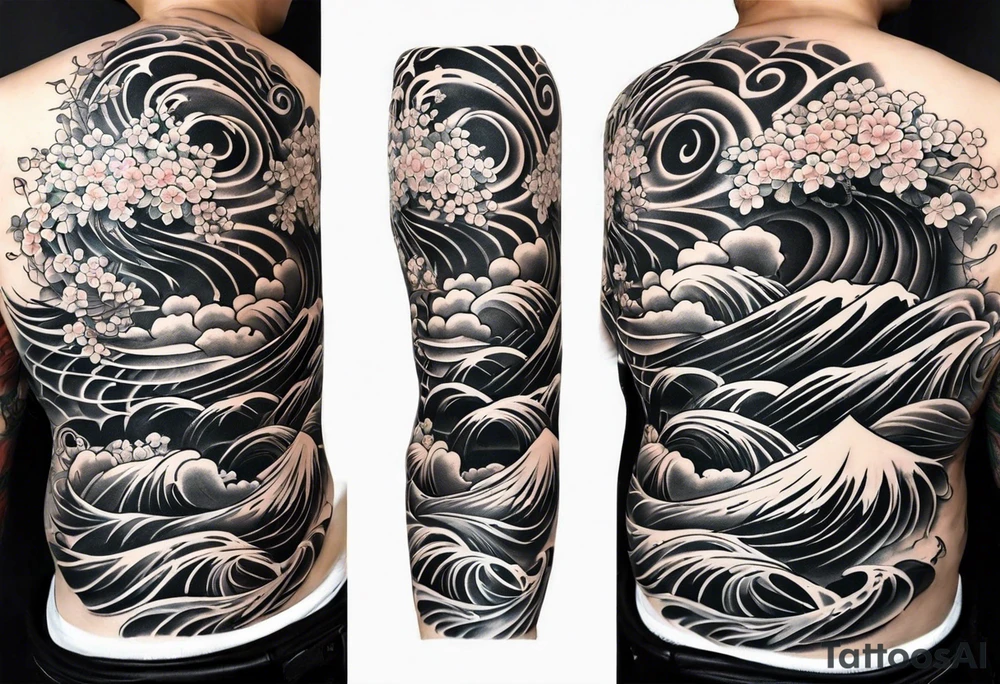 japanese sleeve tattoo with swirly elements tattoo idea