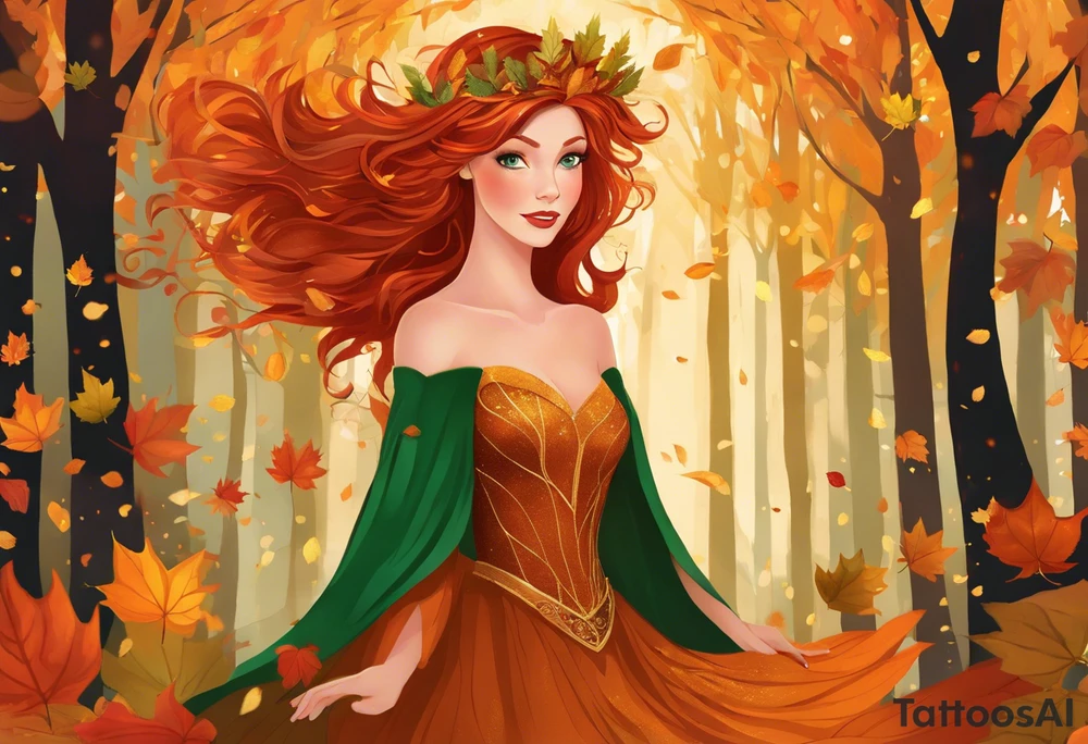 A auburn haired fairy in the middle of a forest during the peak of autumn, twirling in a whirlwind of autumn leaves. The fairy's hair is auburn with copper colors and a crown of gold, orange, and red leaves adorning her head. Her eyes are emerald green with gold flecks, ruby lips and pale skin. Her dress a coppery orange, with leaves scattered on it. The fairly is swirling in a pile of leaves with arms raised overhead, looking at the sky. tattoo idea
