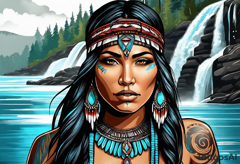A native American Indian woman by a waterfall she is Aquarius water barrer she has tattoos and her eyes can see right through you tattoo idea