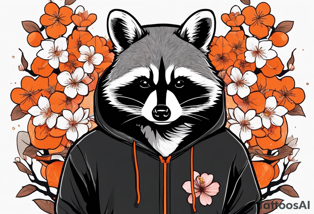 Raccoon wearing a white Superman logo on a black hoodie and orange Japanese cherry blossoms beside tattoo idea