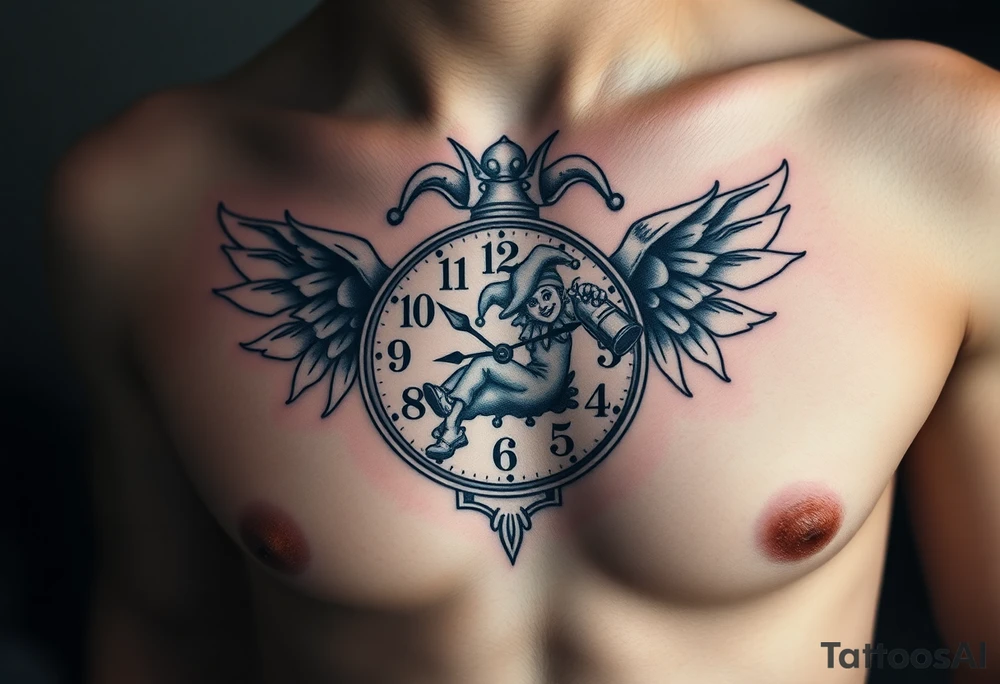 a jester clown floating in smoke with a  clock, the time says 420,  with two open wings besides the clock, smoke as the spring rising from the clock, a jester clown coming out the smoke, smoking in one hand with a liquor bottle on the other hand tattoo idea